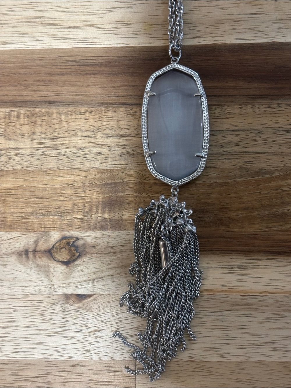 Kendra Scott Rayne Necklace with Slate Gray Cat’s Eye Stone and Silver Hardware